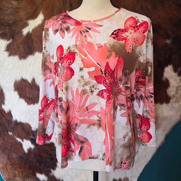 Allison Daley Tops - Allison Daley Pink and Brown Floral Blouse